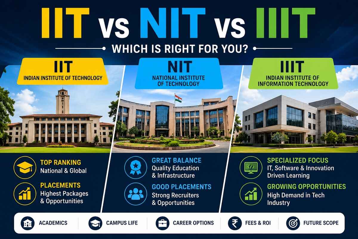 Comparison of IIT vs NIT vs IIIT showing differences in rankings, placements, academics, campus life, fees, and career opportunities for engineering students in India.