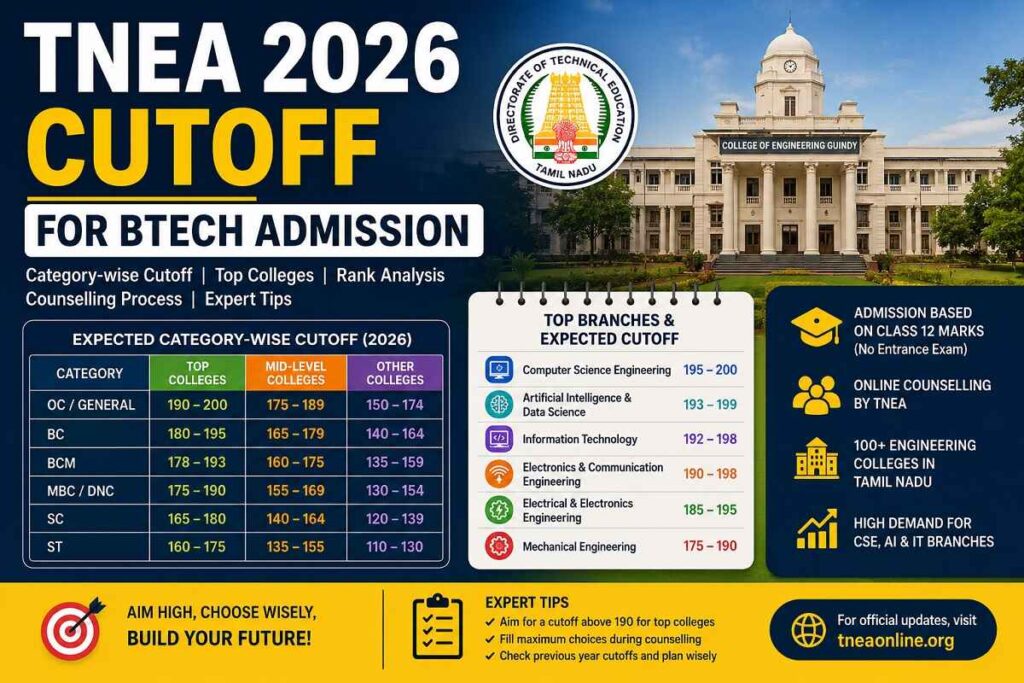 TNEA 2026 cutoff marks for BTech admission with category-wise trends, top colleges and expected rank analysis