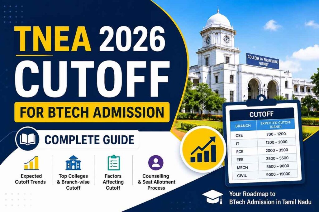 TNEA 2026 cutoff for BTech admission complete guide featuring Tamil Nadu engineering college admission trends, expected cutoff ranks, and counselling information.