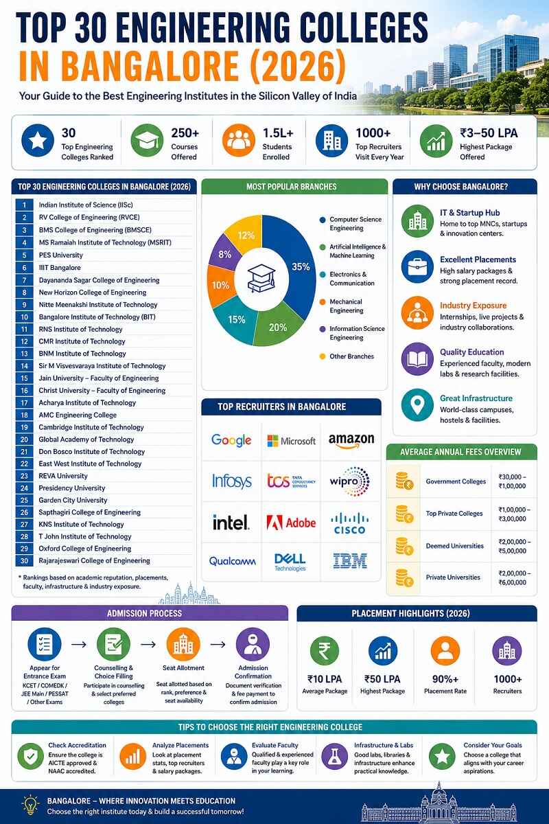 Infographic of top 30 engineering colleges in Bangalore 2026 showing rankings, fees, placements, branches, and admission process overview