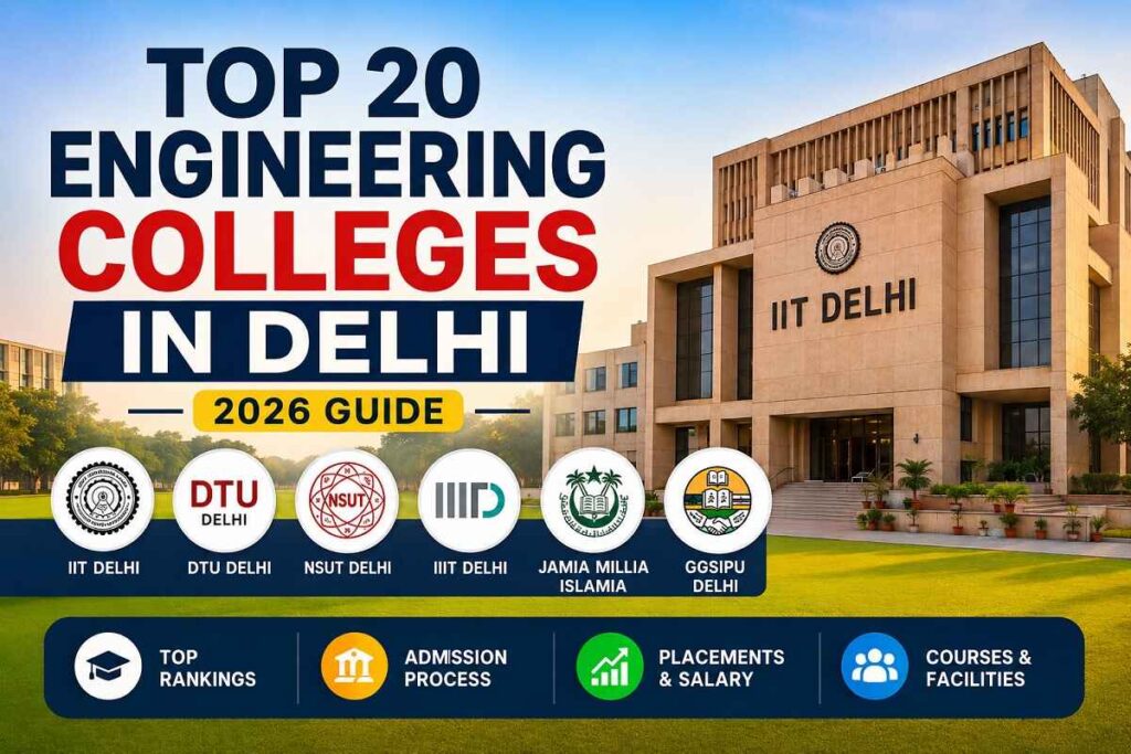 Top engineering colleges in Delhi 2026 including IIT Delhi, DTU, NSUT and IIIT Delhi campus overview