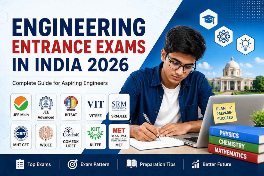 Top engineering entrance exams in India 2025 preparation guide with students studying and exam symbols
