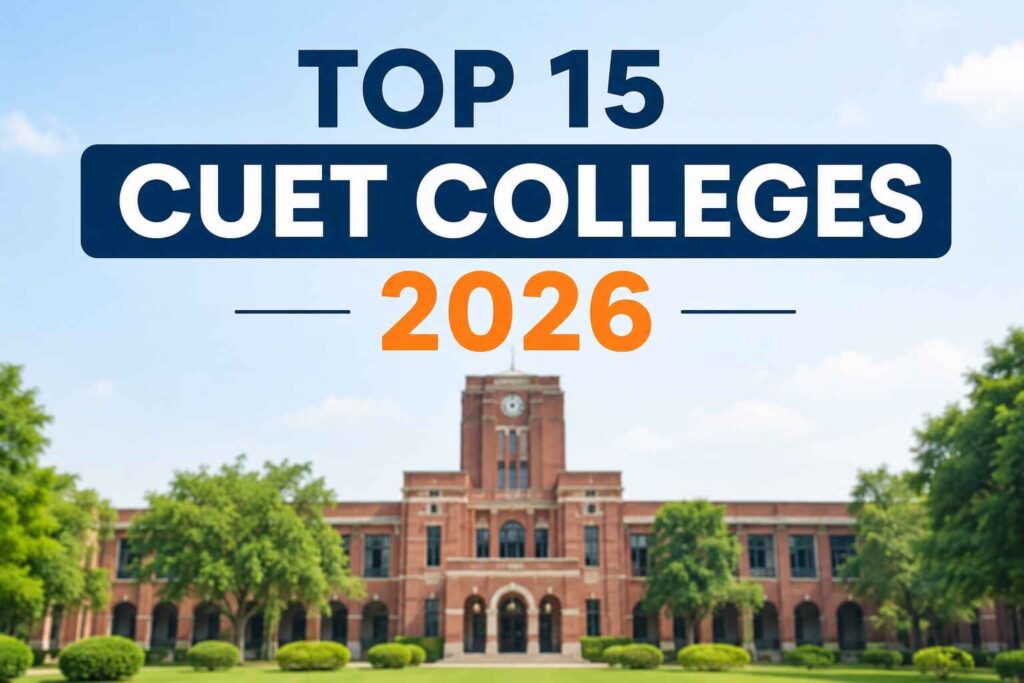 Top 15 CUET Colleges 2026 featuring leading universities in India including Delhi University, BHU, JNU, Jamia Millia Islamia, and AMU for undergraduate admissions through CUET.